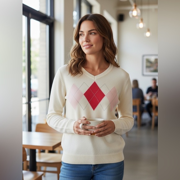 New York & Company Sweaters - New York & Company Ivory & Pink Lightweight V-neck Argyle Sweater
